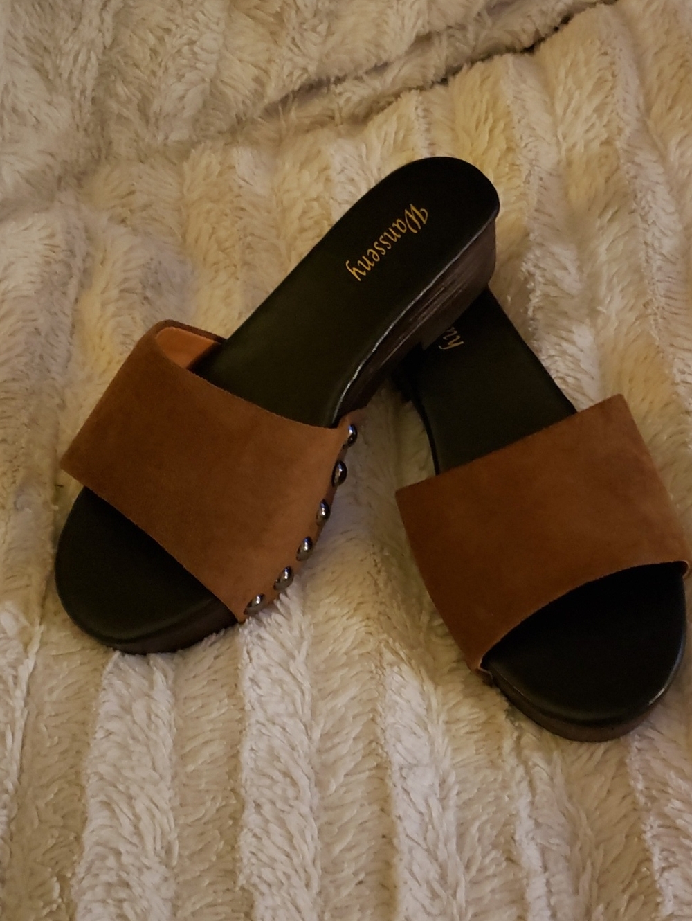 Womens Brown Suede Slide Mules with Stud Accents New
